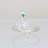 Snake Guardian Ring with Emerald, Silver