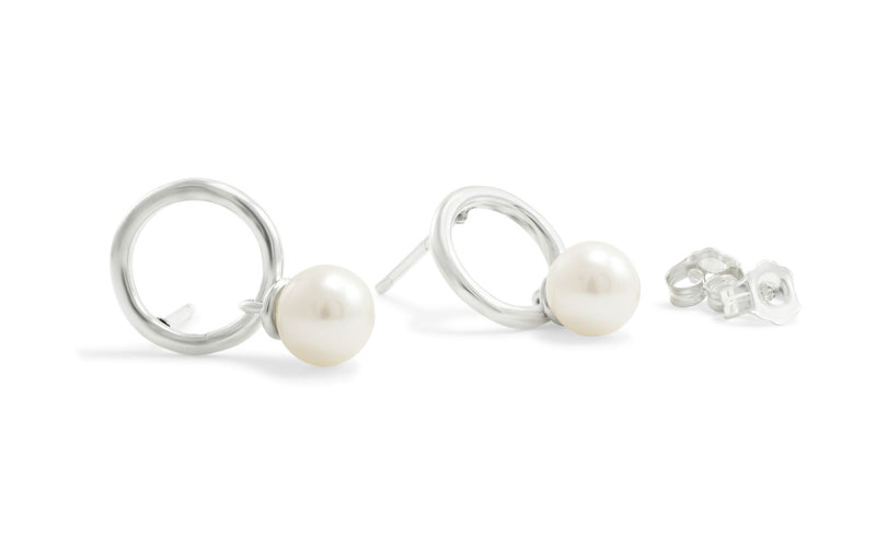 Circle Stud Earrings with dangling Pearl, Silver