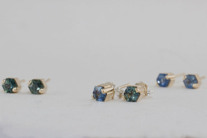 Hexagon Blue Green Sapphire Stud Earrings, Gold