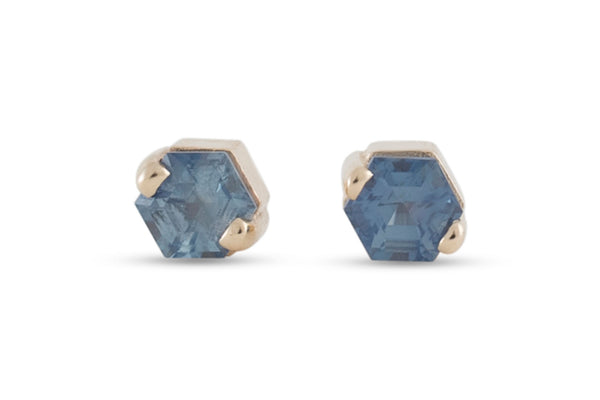 Hexagon Blue Sapphire Stud Earrings, Gold