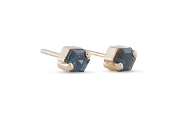 Hexagon Darker Teal Sapphire Stud Earrings, Gold