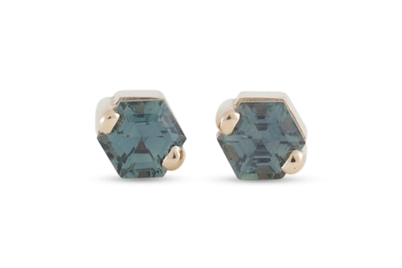 Hexagon lighter Teal Sapphire Stud Earrings, Gold