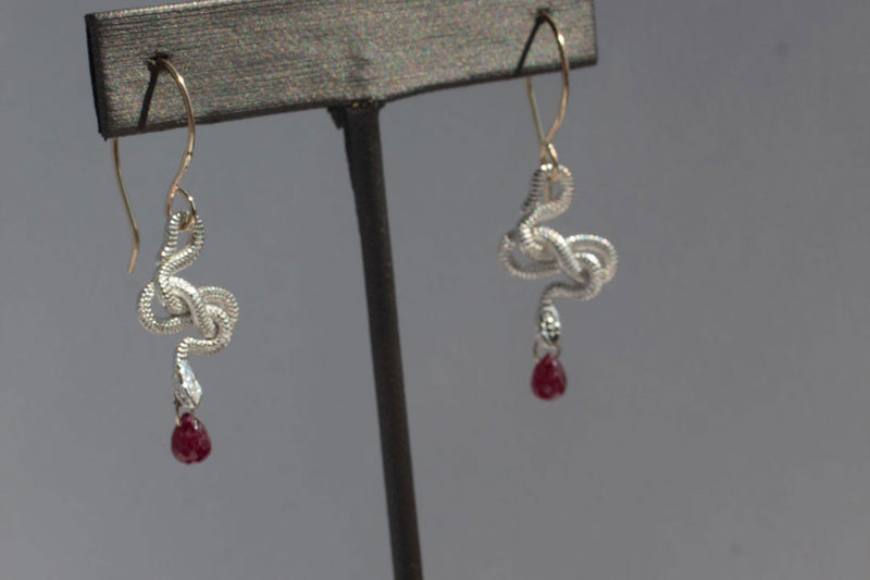 Snake Guardian Earrings with Rubies, Mixed Metals