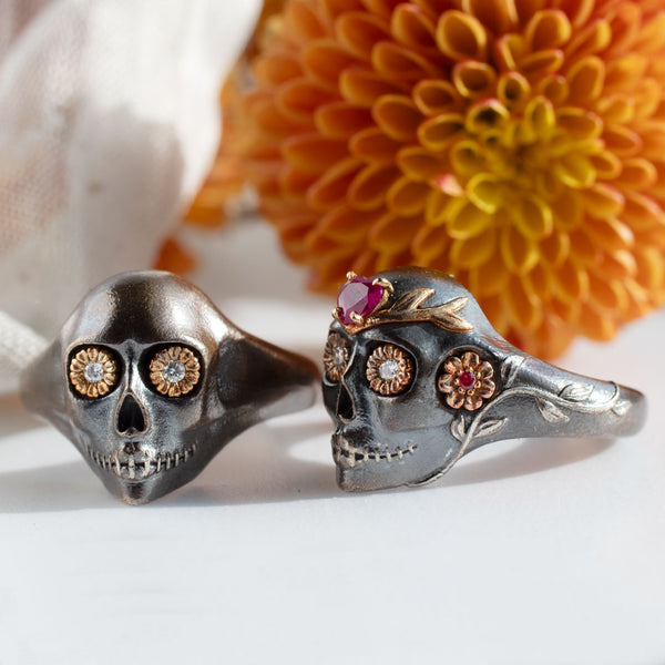 Underworld Flower Skull Ring, Mixed Metals