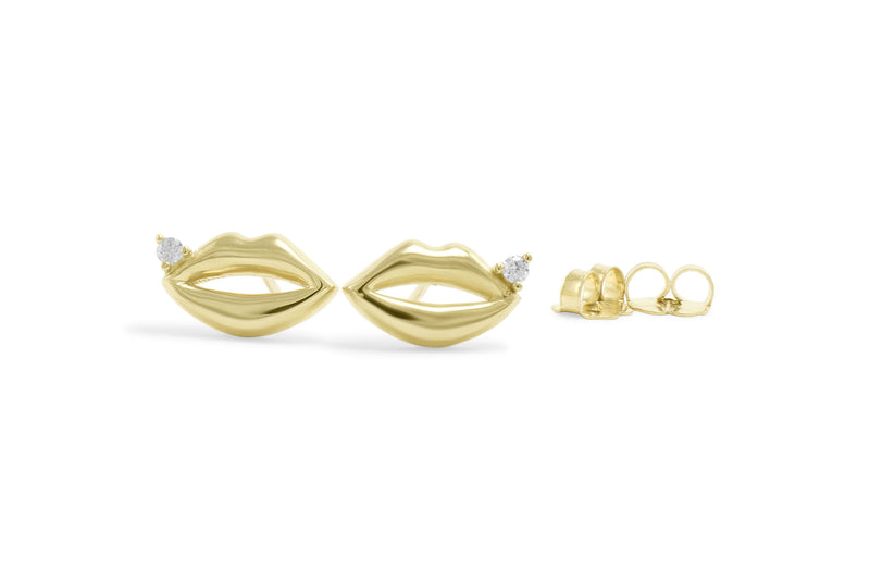 Lips Earrings with a Diamond, Gold