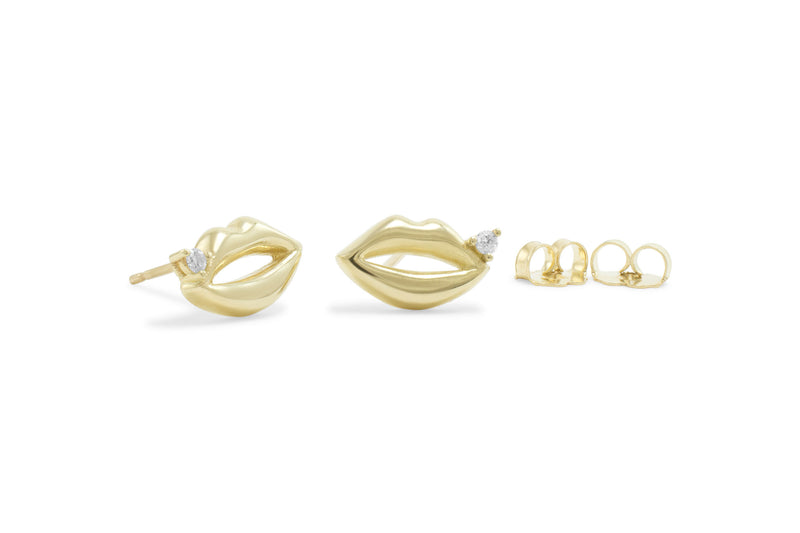 Lips Earrings with a Diamond, Gold