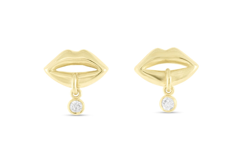 Lips Earrings with a Dangling Diamond, Gold