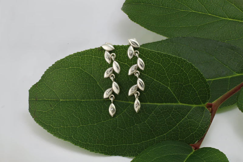 Leaf Drop Earrings, Silver