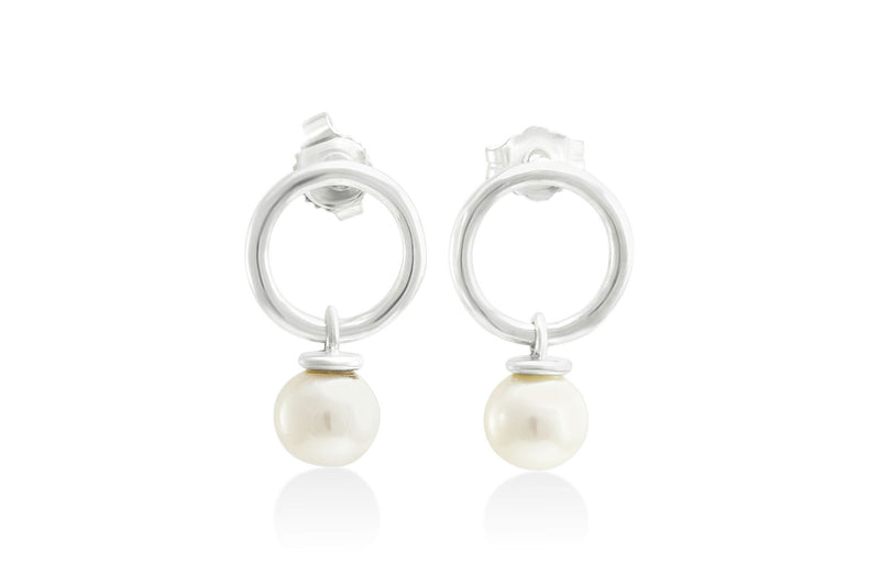 Circle Stud Earrings with dangling Pearl, Silver