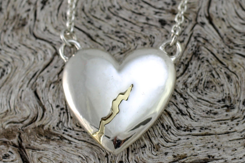 Gold Mended Heart Necklace, Mixed Metals
