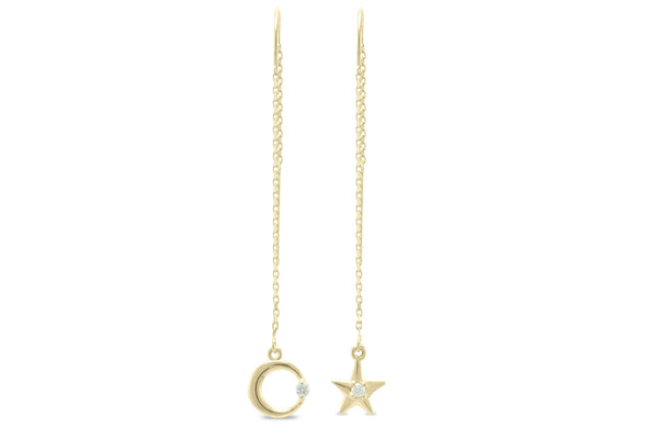 Moon and Stars Threader Earrings, Gold