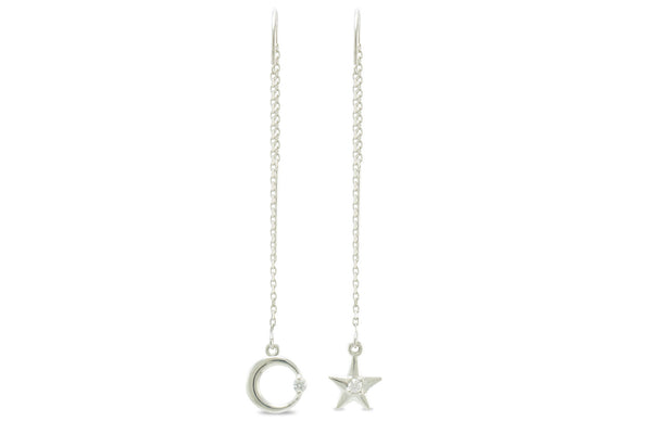 Moon and Stars Threader Earrings, Silver