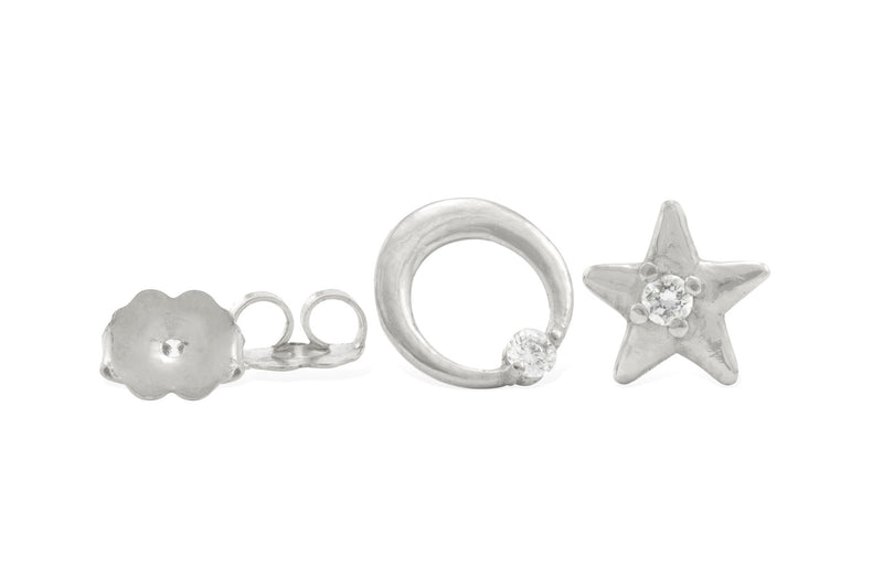 Moon and Star Stud Earrings, Silver